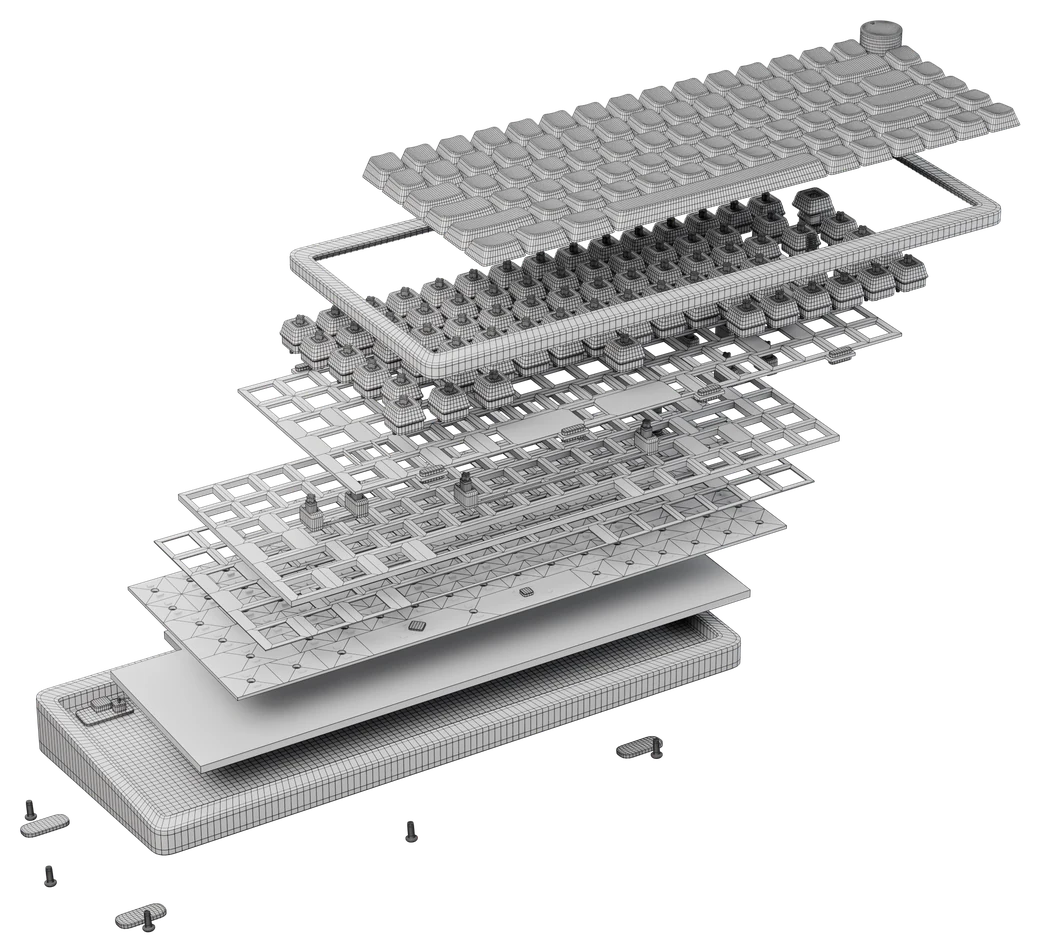 The AGENT75 keyboard being built in Blender, pulled apart layer by layer in grey clay with its quad wireframe drawn: every layer, the keycaps and the knob on top
