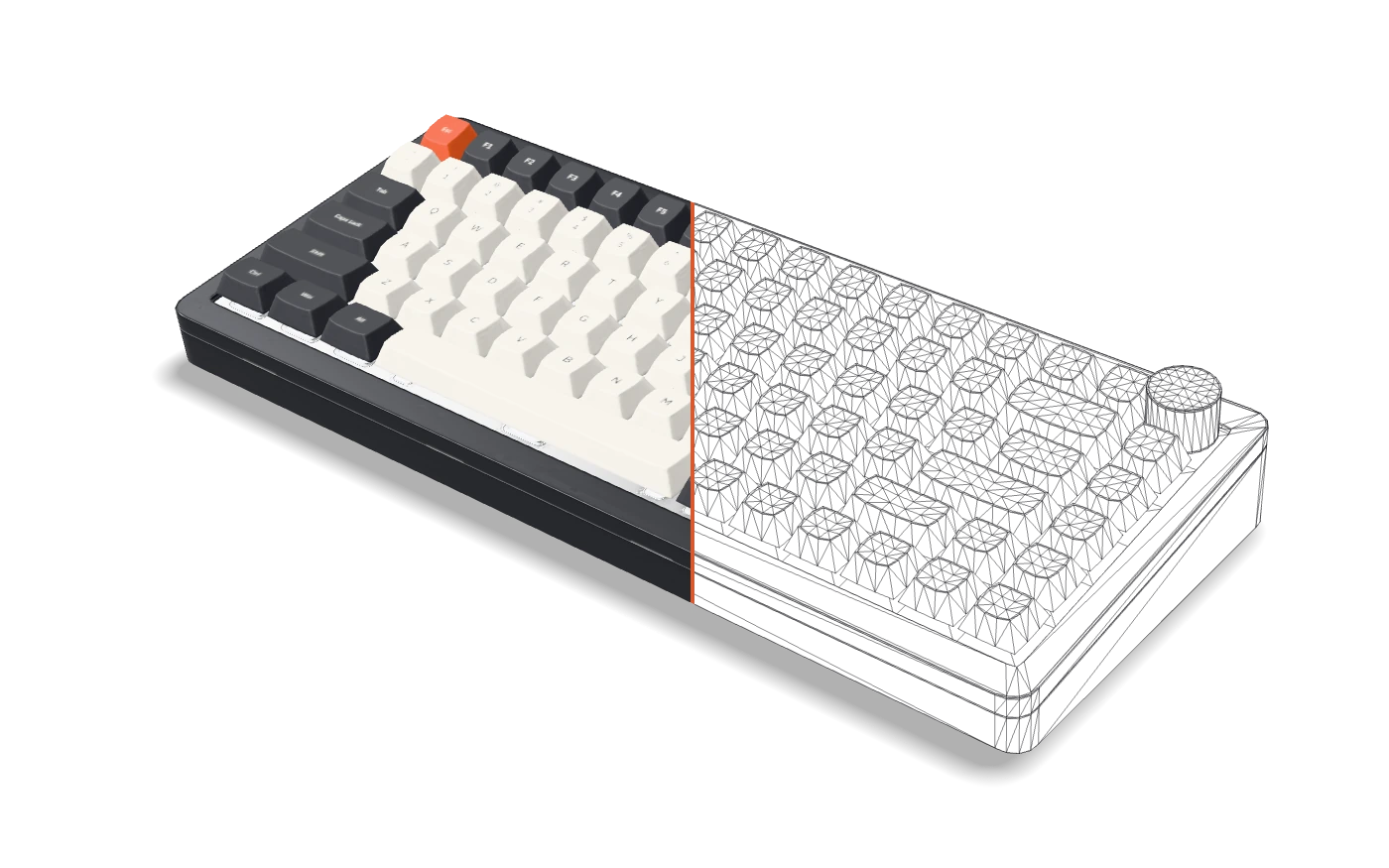 The finished AGENT75 keyboard as exported from Blender in agent75_web.glb, seen from the front right and split down its middle by a thin orange seam: the left half rendered, with cream and charcoal keycaps and an orange Esc; the right half, the knob and the Enter key with it, drawn as the mesh's own triangle wireframe