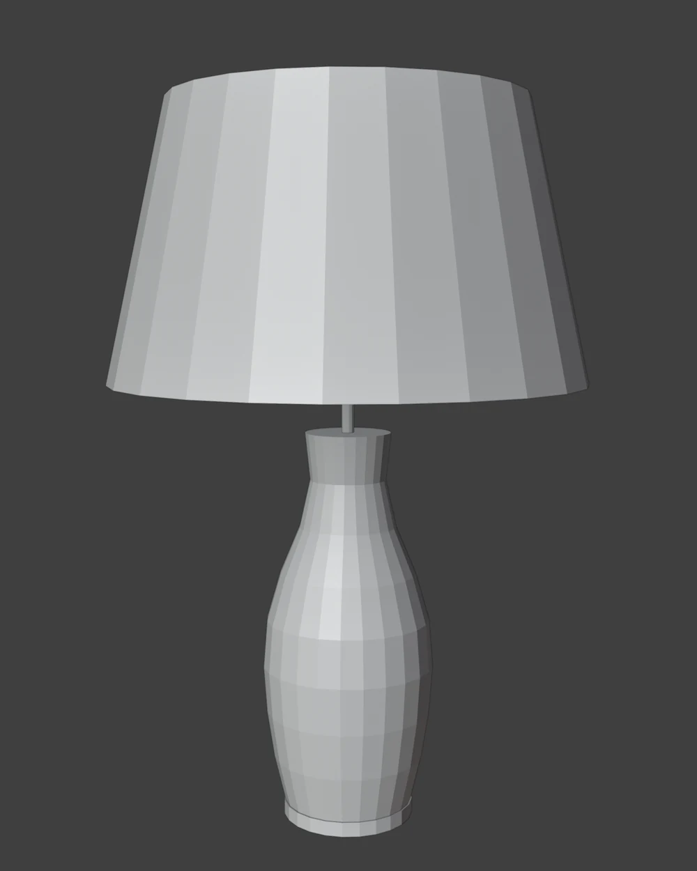 A blockout of a table lamp with a ribbed ceramic body in a wave relief and a tapered shade: plain gray volumes in Blender’s Solid view.