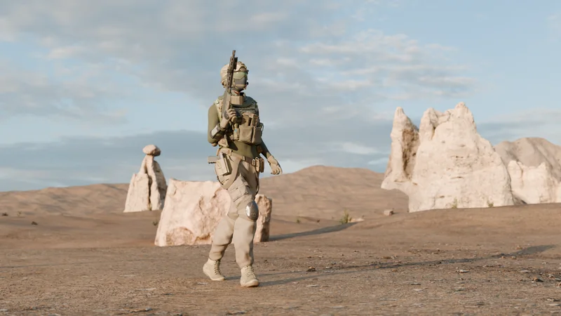 A Cycles still of the soldier mid-stride in the canyon, from the same project.